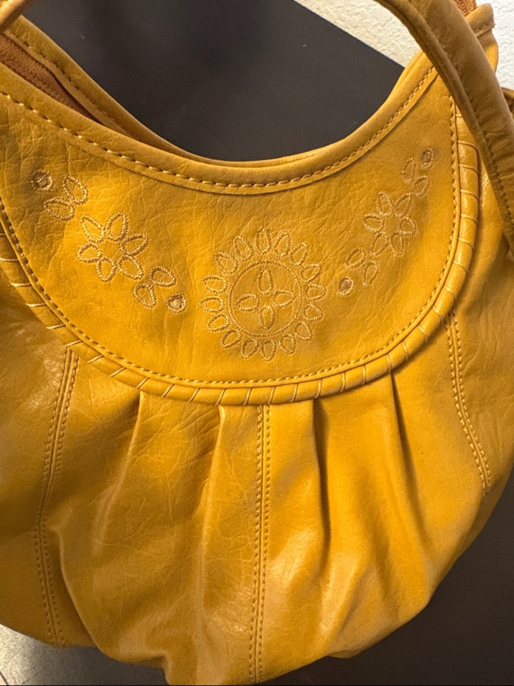 liz & co. Yellow Pleated Shoulder Bag with Floral Stitching